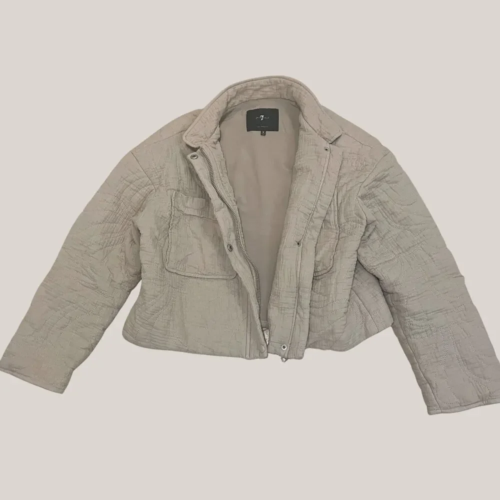 7 For All Mankind M Quilted Cropped Jacket | Stand Collar, Neutral Taupe Beige